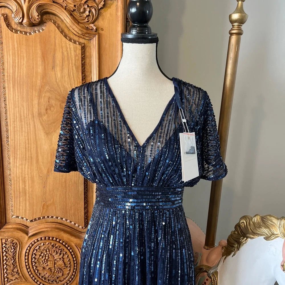 NWT Mac Duggal 14007 Embellished Short Sleeve Empire Waist Dress 6 Blue A-line - Picture 5 of 12